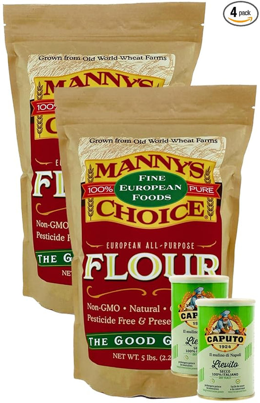 Manny's Choice Natural All Purpose Unbleached Italian Artisan Wheat Flour Type 0 for Baking 5 lb Plus Caputo Italian Yeast 2 Pack | Bread Flour | Cake Flour | Pizza Flour | Pasta Flour | Pastry Flour