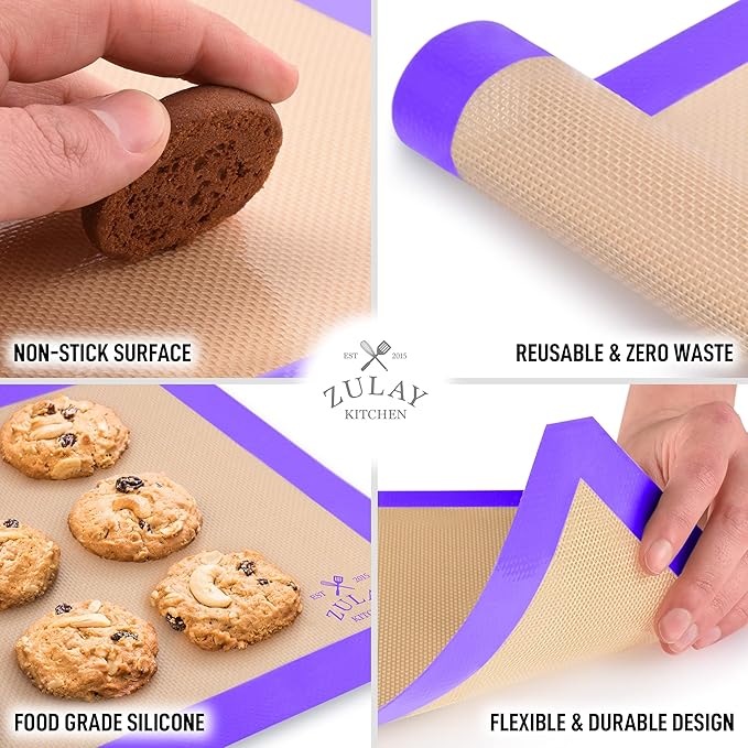 Zulay Kitchen (2 Pack) Silicone Baking Mat Sheet Set - Reusable Baking Mat Nonstick - Half Sheet Baking Mat For Oven - 16.5" x 11.6" (Purple)