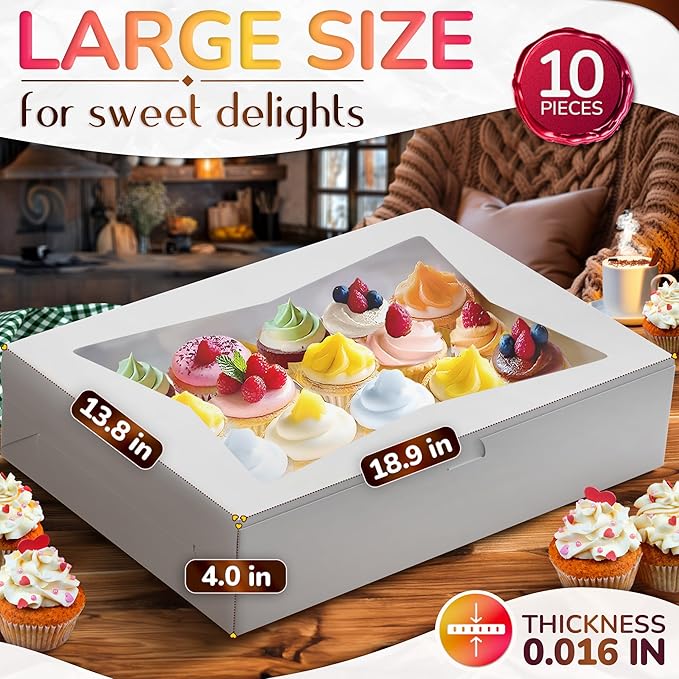 NADOBA 10 Pcs Half Sheet Cake Box Rectangle Set – Durable 19x14x4 In Cardboard Boxes with Window, Flip Top, White Bakery Boxes for Cookies, Cupcakes, Macarons – Recommended for Cake Boards and Stands