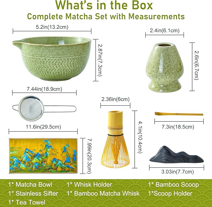 Matcha Whisk Set 8Pcs – BeSoothe Premium Japanese Tea Ceremony Kit, 8 Pcs with Spout Bowl, Bamboo Whisk & Holder, Scoop, Sifter, Tea Towel – Magnetic Gift Box for Matcha Lovers