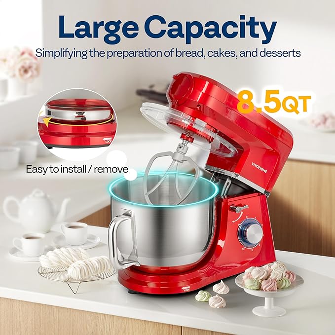 VIVOHOME 6 in 1 Multifunctional Stand Mixer with 8.5 Quart Stainless Steel Bowl, 660W 10 Speed Tilt-Head Meat Grinder, Juice Blender, Vegetable Slicer, Pasta and Cookie Maker, Red