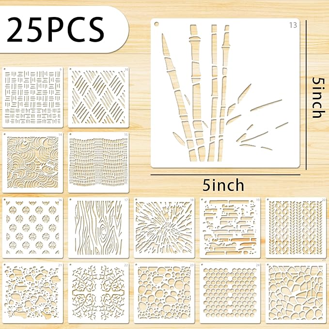 25 PCS Stencils Texture Stencils for Painting 5 Inches Shape Stencil Mix Stencil for Crafts Art Decor DIY Geometric Templates