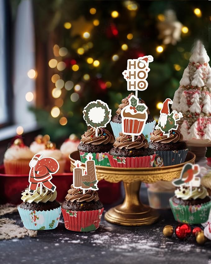 Standard 200 Pcs Christmas Cupcake Liners with 12 Pcs Cupcake Toppers, Christmas Muffin Liners, Baking Cups for Xmas Holiday Party Favors