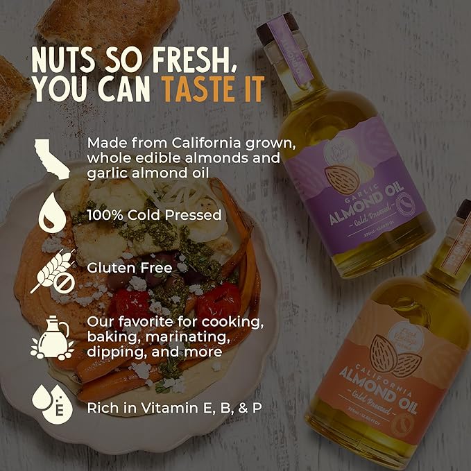 Fresh Vintage Farms Nut Bundle 100% Cold Pressed Almond & Garlic Almond Cooking Oils | Cold Pressed & Nutritious Healthy Oils for Cooking, Baking, Dipping, Salads, & Marinades | 375ml, Pack of 2