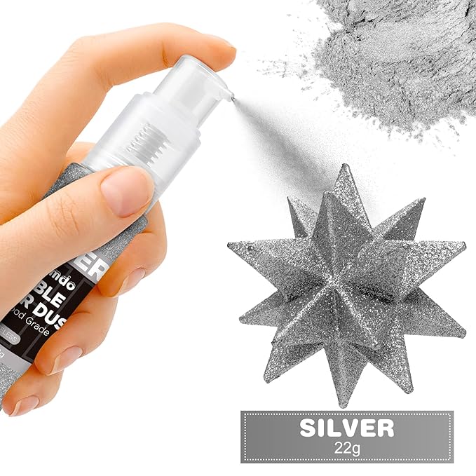 Edible Glitter Spray 22g (Silver) - Metallic Food Coloring Powder, Food-Grade Glitter, Metallic Shimmer Edible Color Powder - Flash Powder for Beverages, Cocktail, Cake Decorating, Baking, Icing, Candy