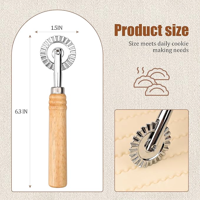 Long Handle Small Cutter Wheel - Exquisite Wooden Handle, Perfect for Pasta, Pizza, Ravioli, Cookie - Versatile Crinkle and Pastry Cutter for Effortless Slicing