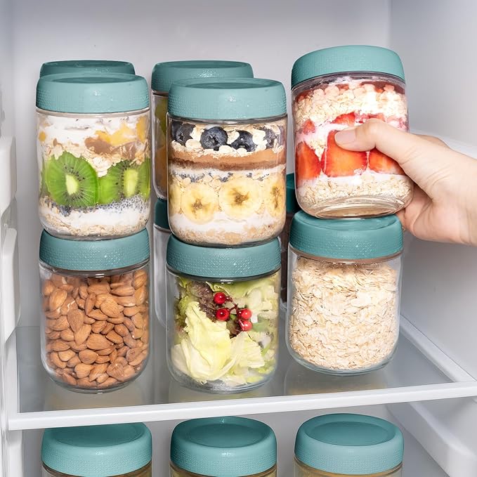 Overnight Oats Containers with Lids, Glass Storage Containers with Lids, Wide Mouth Mason Jars 16oz, Airtight Glass jars for Spice, Chia Pudding, Yogurt, Cereal, Salad Storage (6 Pack, Green)