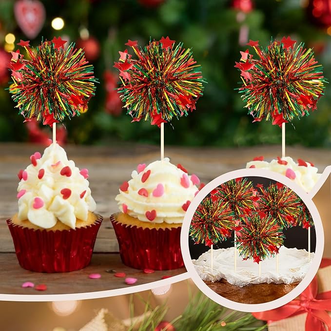 24Pcs Christmas Cupcake Toppers, Merry Christmas Foil Firework Cupcake Toppers Tinsel Drink Picks Winter Supplies Favor