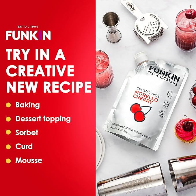 Funkin Fruit Puree | Real Fruit, Simple Ingredient, Natural Mixer for Cocktails, Drinks, Smoothies | Vegan, Non-GMO, Gluten-Free (2.2 lbs) (Morello Cherry)