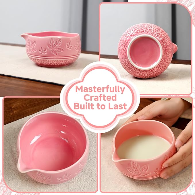 7 Pcs Matcha Whisk Set, Ceremony Matcha Kit with Matcha Bowl, Bamboo Whisk and Holder, Scoop and Scoop Rest, Sifter and Tea Towel, Gift for Matcha Lovers (Pink/Maple Leaf-Patterned)