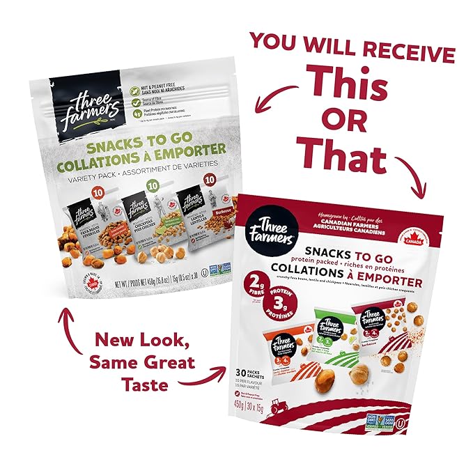 Three Farmers Healthy Variety Snack Packs - Roasted, Never Fried - Protein Rich Zesty Fava, Tangy Chickpeas, BBQ Lentils x 30 Pack - Gluten-Free, Low Calorie, High Fiber, Non-GMO