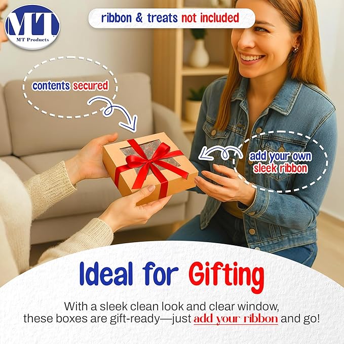 MT Products Kraft Cookie Boxes 8" x 8" x 2.5" - Auto Pop-Up Bakery Boxes with Window (Pack of 200) - Made in USA