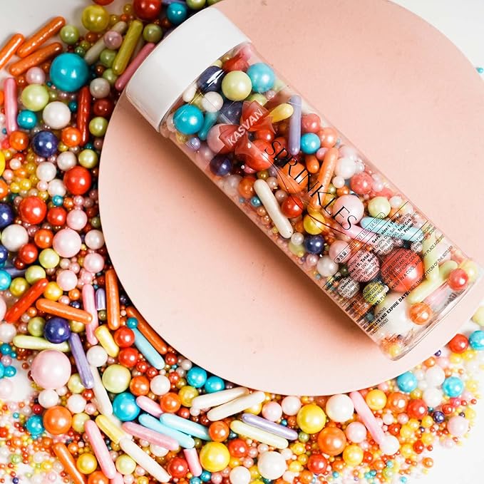 Kasvan Rainbow Pearl Sugar Sprinkles - Edible Mixed Candy Pearls 130g/4.58 Oz, Mix Size, Baking Cake Decorations, Ice Cream Toppings and Cookie Decorating, Wedding Party Chirstmas Supplies (Mixed)