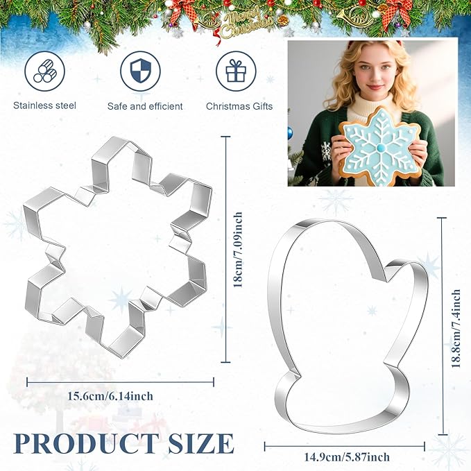2 Pcs Extra Large Christmas Cookie Cutters 8" Giant Snowflake and Glove Stainless Steel Cookie Cutters for Winter Holiday Baking