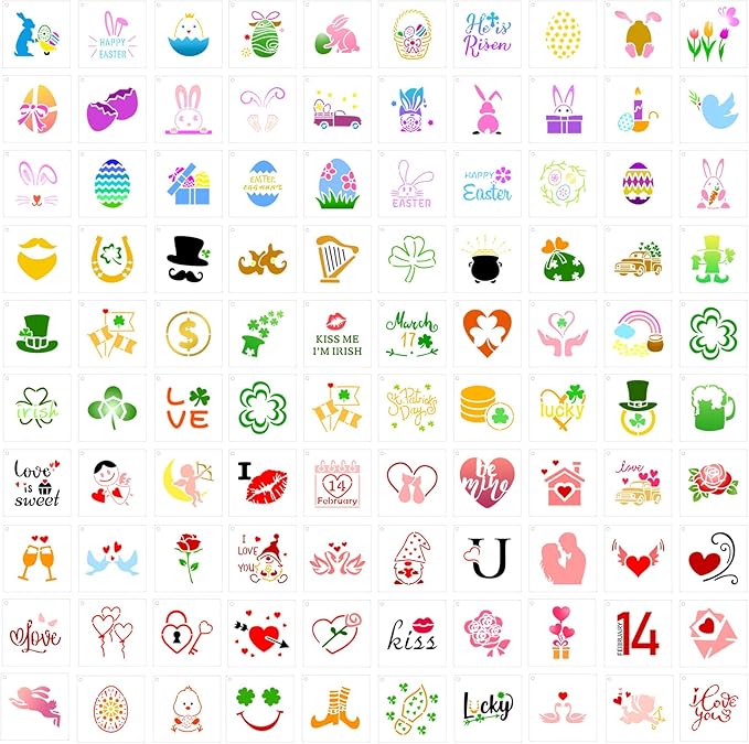 100 Pcs Stencils for Painting on Wood Reusable Stencil Crafts Drawing Templates Holiday Wall Paper for DIY Scrapbook Home 2 x 2 Inch(Bunny, Shamrocks, Heart)
