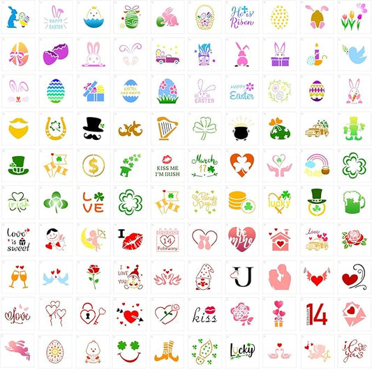 100 Pcs Stencils for Painting on Wood Reusable Stencil Crafts Drawing Templates Holiday Wall Paper for DIY Scrapbook Home 2 x 2 Inch(Bunny, Shamrocks, Heart)
