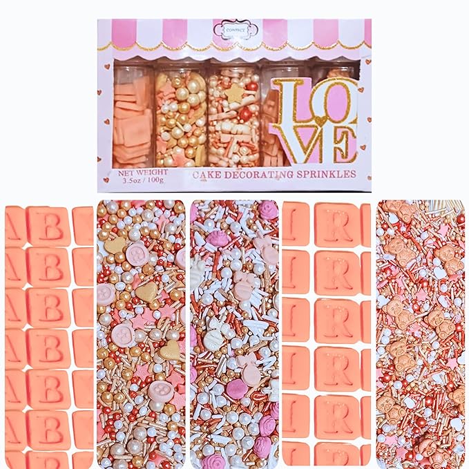 Confect Girls Baby Shower Sprinkles | Gender Reveal Sprinkles | Assorted Pack of 5 Mix Rose Gold, Peach, Blush Pink & Gold Edible Sprinkle | Vegan, Gluten-Free, Nut-Free, Soy-Free, Dairy-Free, Palm Oil-Free - 5 Oz