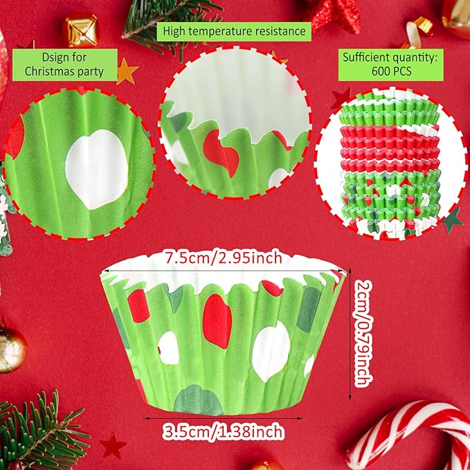 600 Pcs Christmas Party Cupcake Liners Christmas Paper Baking Cups Mini Muffin Liners Small Cupcake Wrappers Xmas Paper Candy Cups for Santa Holiday Chocolate Cake Making Supplies (Fresh)