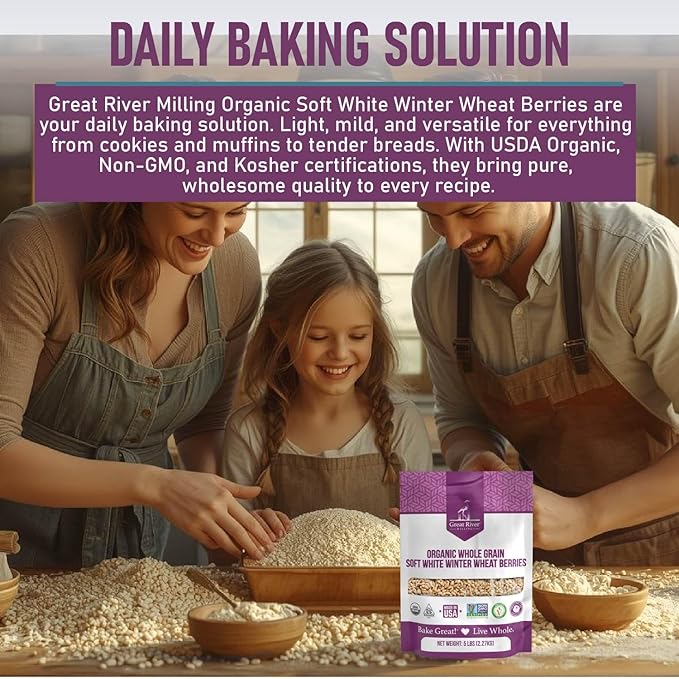 Great River Milling Organic Soft White Winter Wheat | Whole Grain Wheat Berries for Baking & Milling | USDA Organic, Non-GMO, Kosher | Ideal for Pastries, Tender Breads, Desserts, Soup & Salad | 5 Lb