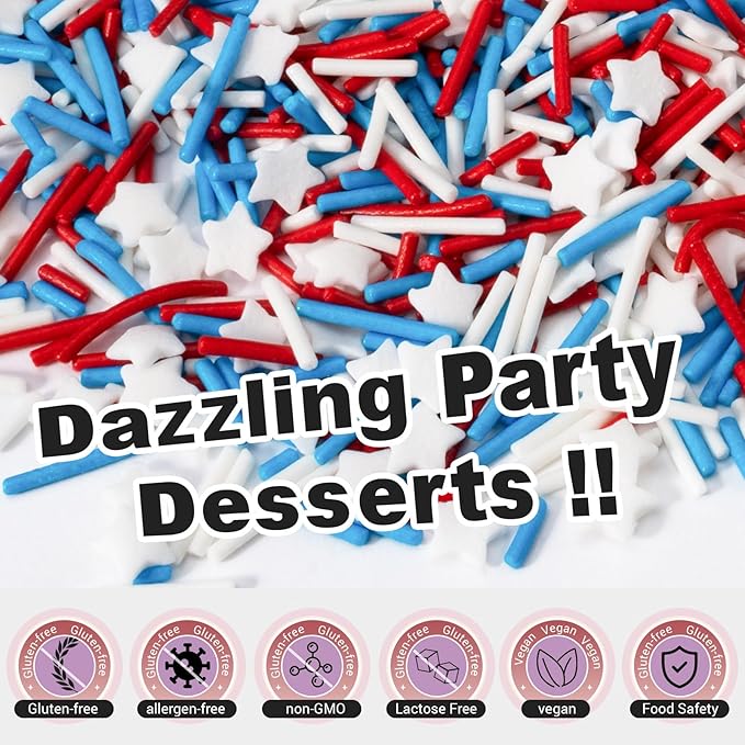Huebeaty 6-in-1 Red White and Blue Sprinkles - Patriotic 4th of July Star Sprinkles for Cake Decorating & Baking-180g | Sanding Sugar, Nonpareils & Jimmies for Cupcakes, Cookies, Ice Cream