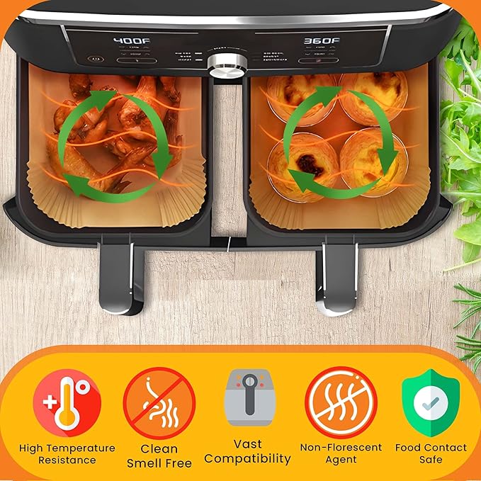 9-Inch Rectangle 125pcs Air Fryer Paper Liners for Easy Cleanup - Non-Stick, Heat-Resistant, and Perfect Fit for Hassle-Free Cooking | Bleach-Free Parchment| (9 In/22cm 125pcs)