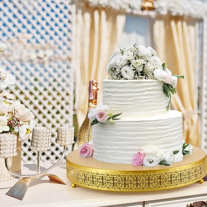 Wenqik Gold Cake Stand, 16 Inch Large Metal Round Cupcake Dessert Stand with Cake Knife and Server Wedding Cupcake Display Holder Cookies Serving Tray for Wedding Birthday Baby Shower Party