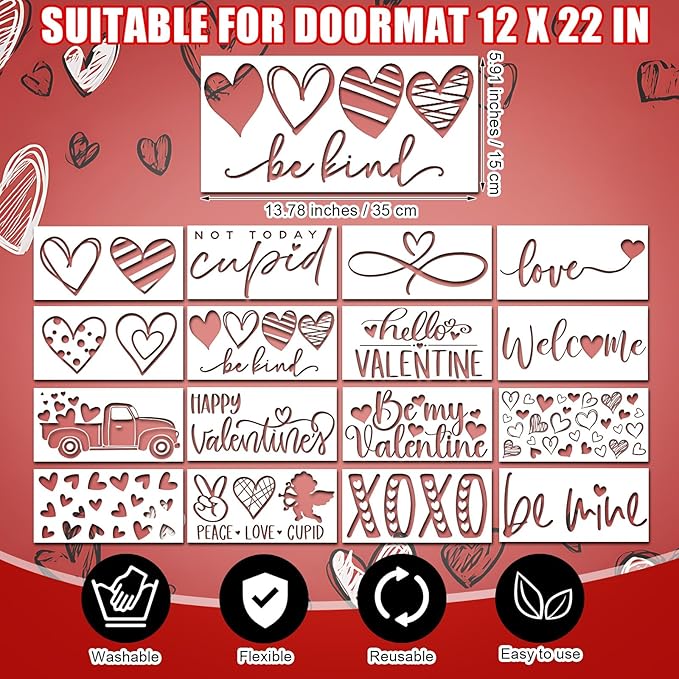 Dunzy 16 Pcs Valentine's Day Stencils for Door Mats Crafts Reusable Merry Valentine's Day Welcome Templates Large Stencil for Painting on Wood Sign Wall Doormat DIY Project