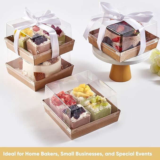 20 Pack 7x7x4 Cake Boxes with Clear Lids for 4-6 Inch Cakes, Treats or Desserts – Paper Bento Cake Boxes, Disposable Bundt Containers – Bakery Take Out Containers – To Go Square Packaging, Brown