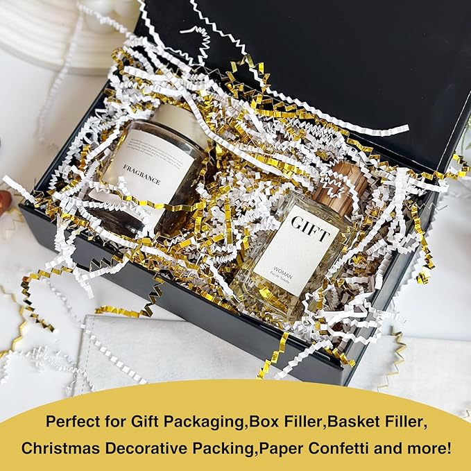 2LB Crinkle Paper Shred Filler for Bag Gift Box Basket Paper Shreded Stuffing Decoration in Party (White & Gold)