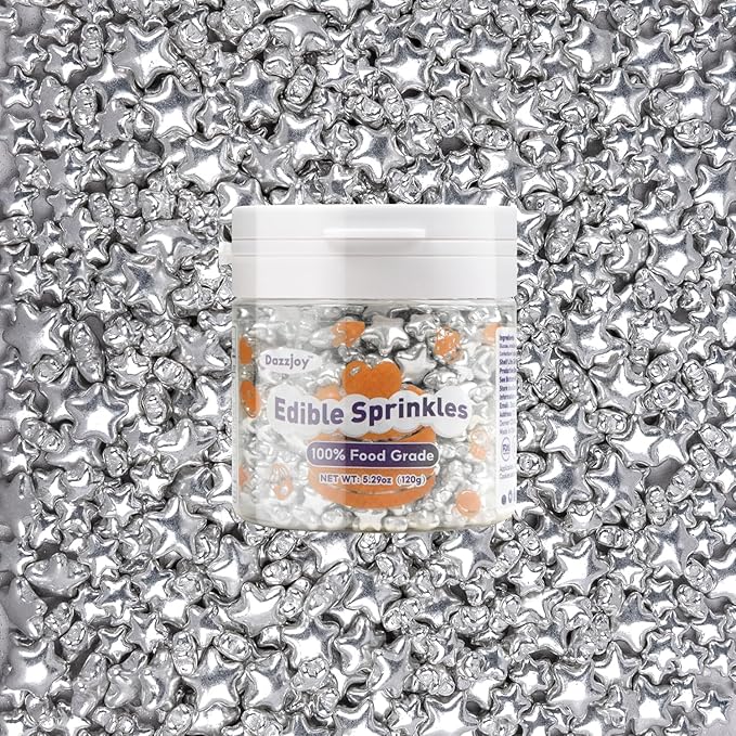 Dazzjoy Edible Silver Star Sugar Sprinkles, 4.23oz, Mix Size, Candy Star Sprinkles for Cake Decorations and Cupcake Toppers, Wedding Party Valentines Supplies