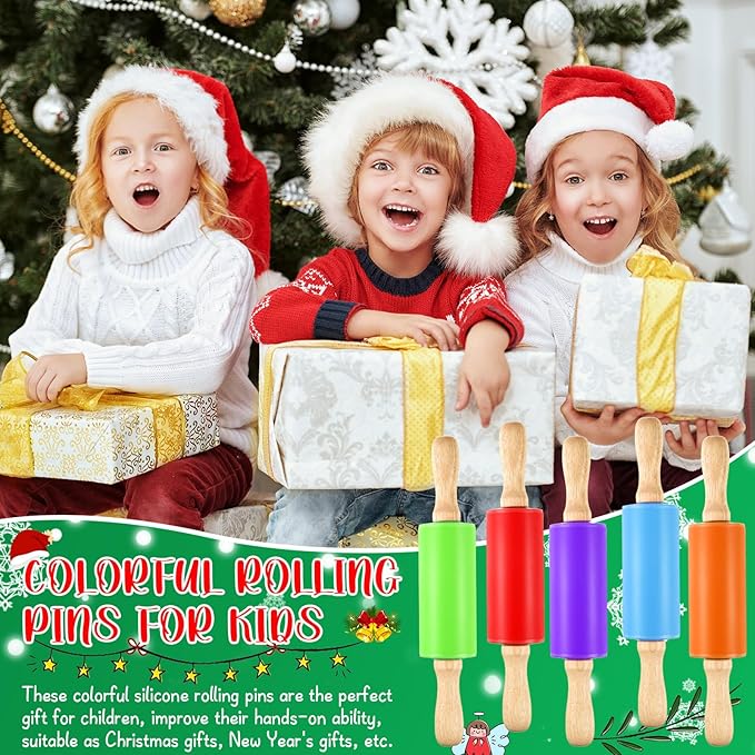 20 Pcs Small Rolling Pin Kids 9 Inch Mini Rolling Pin Silicone Wooden Cooking Pins Baking 5 Colors Non Stick Kids with Wooden Handle for Christmas Kitchen Dough Cookie Pastry Fondant Cake