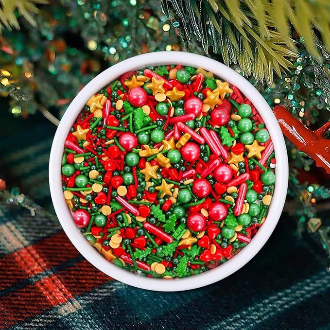 LEBERY Christmas Sprinkles Red Green Gold Sprinkles Holiday Sprinkle Mix Christmas Tree Sprinkle Star Cake Decoration Christma Jimmies Heart for Baking Cookie Ice Cream Decorations - 4.6 oz