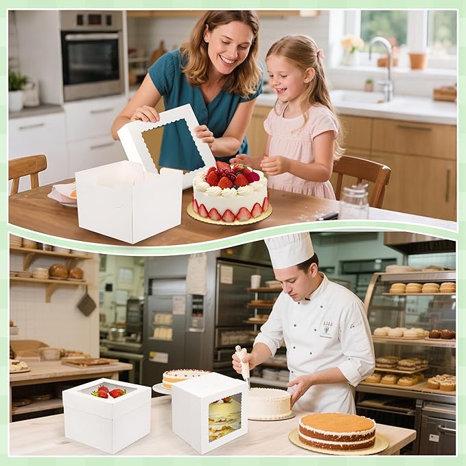 Cake Boxes with Window, 12Pack Set 10x10x8 Inches Paper Box with Bakery Boards, Disposable White Boxes for Birthaday Cake, Donuts, Pies, Cookies, Wedding, Party