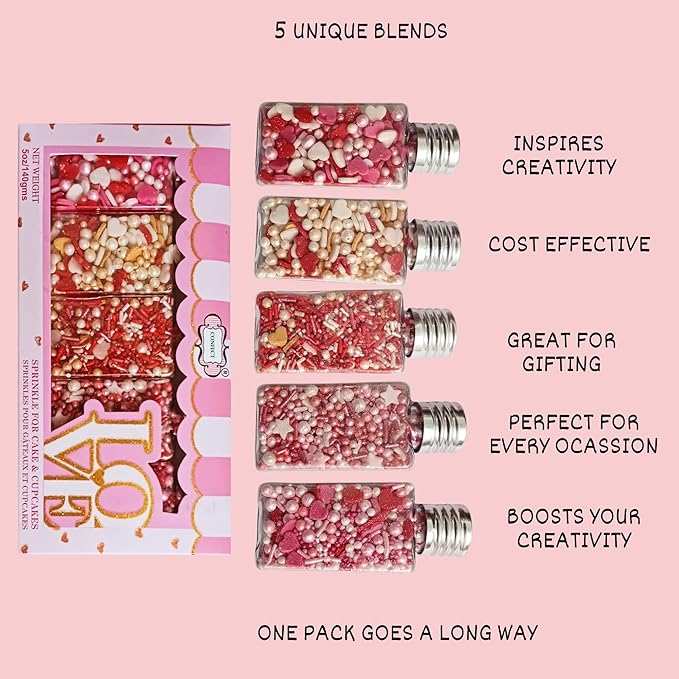 Confect Red, Pink & White Pearls Sprinkles | Mix Heart & Valentine Sprinkles | Sprinkles for Baking & Cake Decorative | Edible sprinkle Assorted Pack of 5 - Vegan, Gluten-Free, Nut-Free, Soy-Free, Dairy-Free, Palm Oil-Free -5 Oz