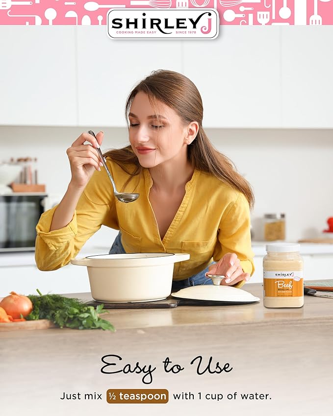 Shirley J Bouillon Powder - Rich, Concentrated, & Less Sodium Chicken Bouillon - Easy to Use Powder for Soup, Stew, Gravy, & More (1 LB, Beef)