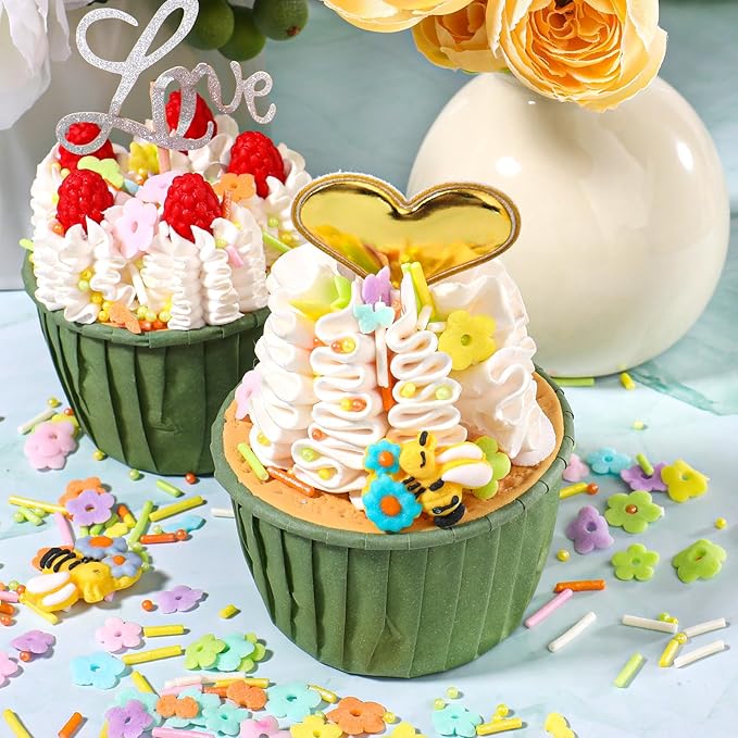 Flower Sprinkles for Cake Decorating, Edible Spring Colorful Sprinkles with Flowers Bees Green Pearls for Cake Cupcake Baking Cookie Toppings