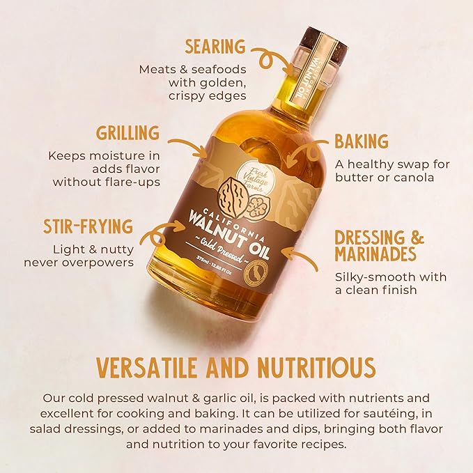Fresh Vintage Farms Nut Bundle 100% Cold Pressed Walnut & Garlic Almond Cooking Oils | Cold Pressed & Nutritious Healthy Oils for Cooking, Baking, Dipping, Salads, & Marinades | 375ml, Pack of 2