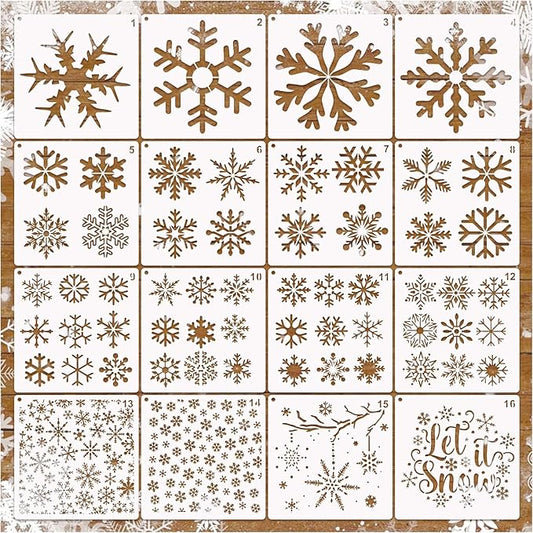 16 Pieces Christmas Snowflake Stencil Reusable Large Winter Stencils Plastic Holiday Crafts Stencils for Window Glass Wall Doormat Wood Decoration (16 Snowflakes)