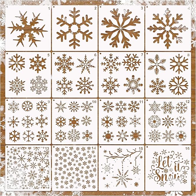 16 Pieces Christmas Snowflake Stencil Reusable Large Winter Stencils Plastic Holiday Crafts Stencils for Window Glass Wall Doormat Wood Decoration (16 Snowflakes)