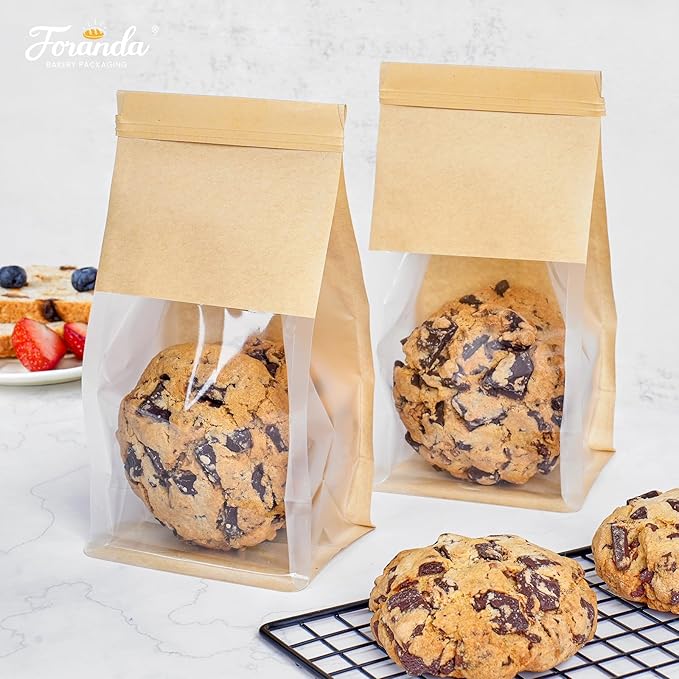 50 Pack Small Bakery Bags with Window, 3.9x3.1x8.2 Inches Tin Tie Tab Lock Cookie Packaging Bag Resealable Paper Treat Bags for Homemade Granola, Baked Goods Gift Giving
