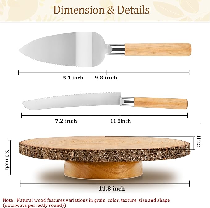 12" Cake Stand Rotating,Round Cake Holder with Cake Cutting Set,Wooden Cake Plate Display Stand for Party/Wedding/Birthday/Cupcake Decorating Supplies