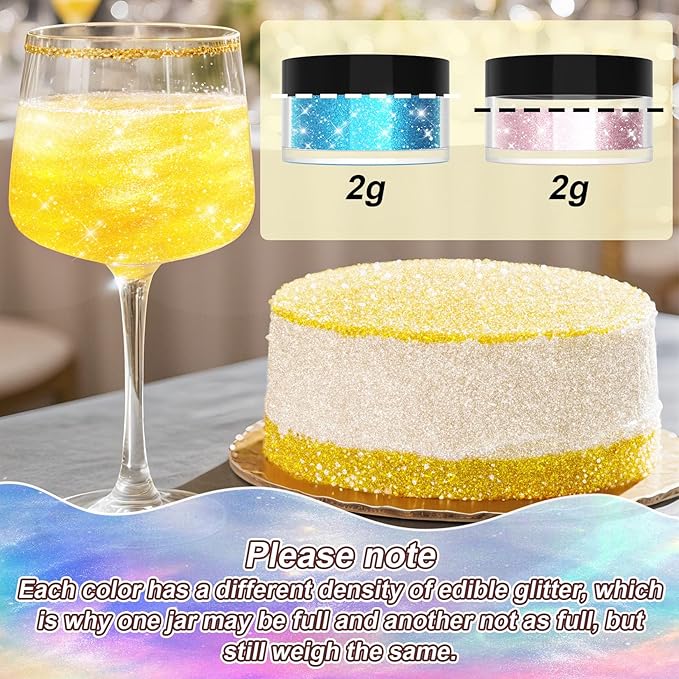 Edible Glitter for Drinks - 20 Glimmer Colors Luster Dust Edible, Food Grade Vegan Shimmering Cake Decorating Edible Glitter for Cocktail, Cakes, Chocolate, Strawberries, Beverage - 2g/bottle