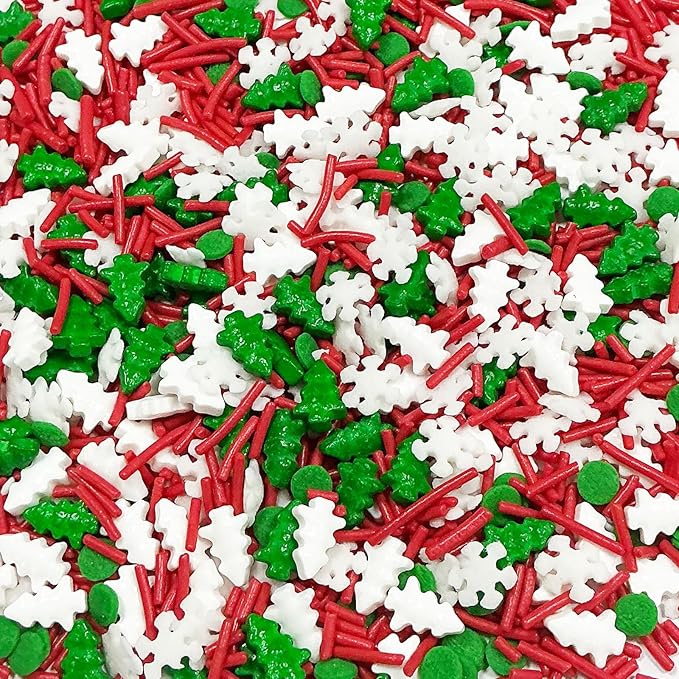 Homipooty Christmas Tree Sprinkles for Cake Decorating 100g/3.5oz Mix of Red and Green Holiday Sprinkles with White Snowflakes Jimmies for Cupcake Toppers Cookie Ice Cream Decorations Celebrations