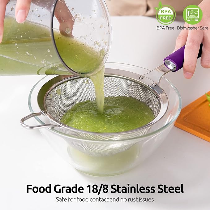 18/8 Stainless Steel Mesh Strainer: U-Taste 5.5 Inch Kitchen Fine Mesh Sieve Food Colander with Riveted Sturdy Silicone Handle and 30 Mesh Hole for Straining Flour, Pasta, Fruit, Quinoa (Purple)