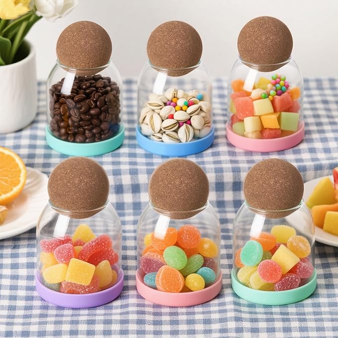 6 pcs Glass Storage Container with Ball Cork Glass Jars with Cork Lids Glass Food Storage Containers with Ball Stopper Coffe Canister for Oats, Coffee, Spices, Candies, Flour 17oz/500ML