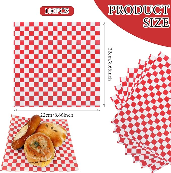 200 Pcs Wax Paper Sheets for Food Deli Wrap Paper Sheets 8.5x8.5"Food Basket Liners Checkered Square Sandwich Wraps for Burgers Bread Restaurant Barbecue Picnic(Red)