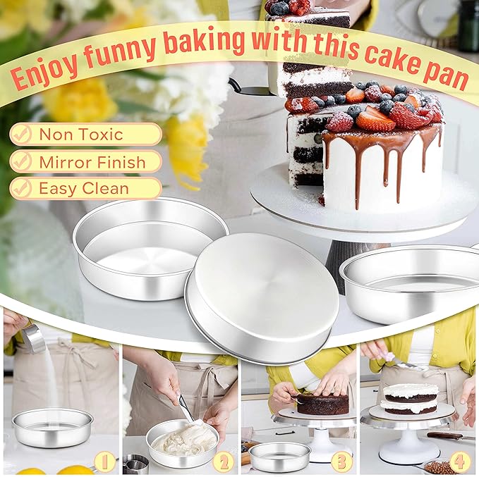 Herogo 8 Inch Round Cake Pan Set of 3, Stainless Steel Nonstick Layer Tier Birthday Wedding Cake Pans, Fit Oven Pots Pressure Cooker, Mirror Finish, Dishwasher Safe