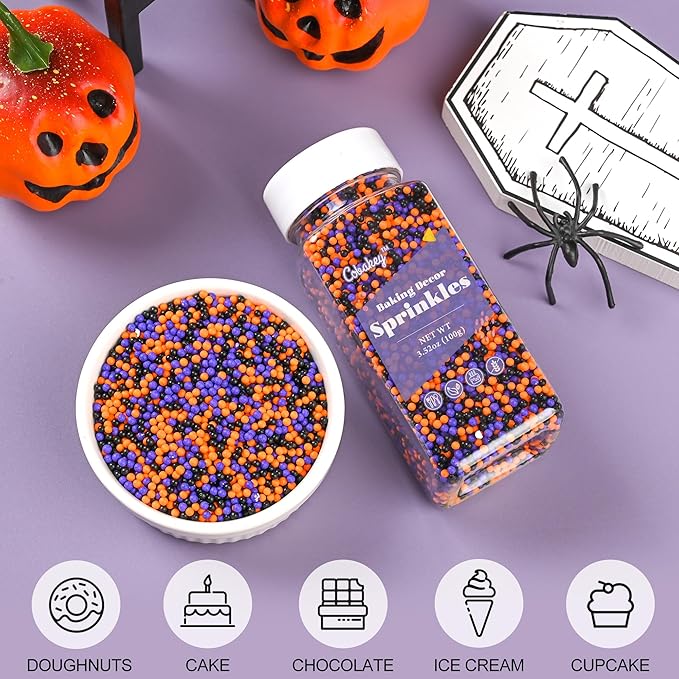 Nonpareils Sprinkles for Cake Decorating, Black & Orange Purple Sprinkles Perfect for Cupcake Toppers Wedding Party Valentines Halloween Christmas Supplies 3.52 Ounce