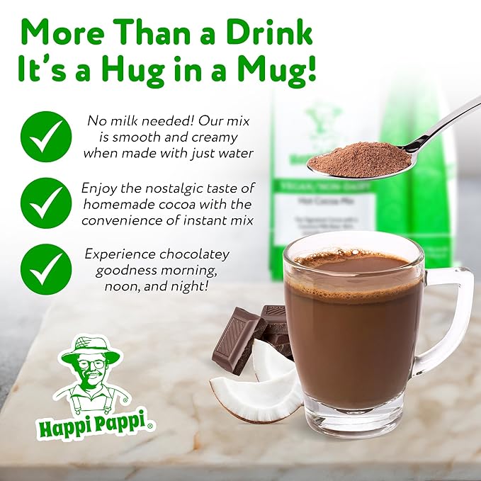 Happi Pappi - Vegan Hot Cocoa Mix, Coconut Milk Base Rich and Smooth Chocolate Powder for Drinks & Baking, Indulgent Cacao Treats for Cozy Nights and Warm Beverages, 16 oz Bag