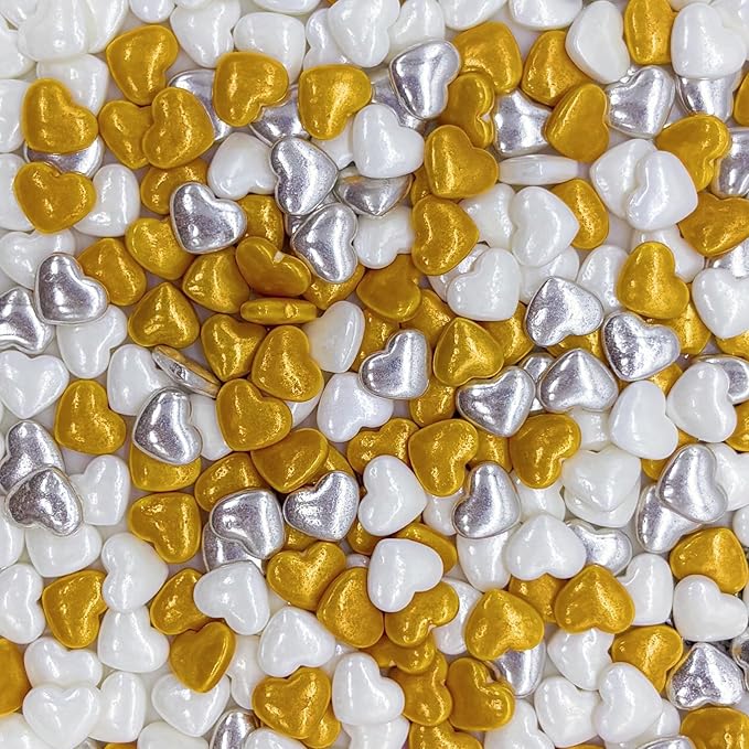 Dynastang Gold & Silver & White Heart Sprinkles Edible Heart Cake Decorating Heart Cake Decorations Cupcake Toppers Cookie Decorating Perfect for Cakes, Cupcakes, Desserts Toppings 3OZ